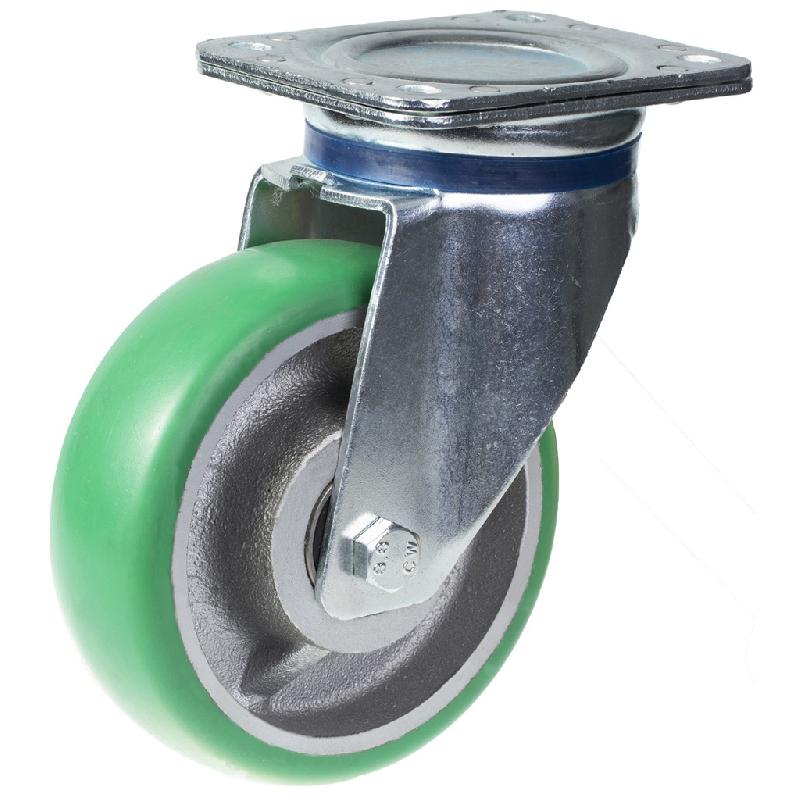 Roulette pivotante de 160mm avec polyuréthane élastique convexe vert sur centre en fonte w_0