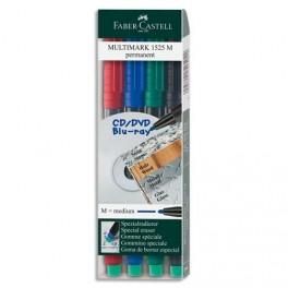 FABER CASTELL POCHETTE DE 4 FEUTRES MULTIMARK POUR CD/DVD,POINTE MOYENNE, ENCRES ASSORTIES PERMANENTES