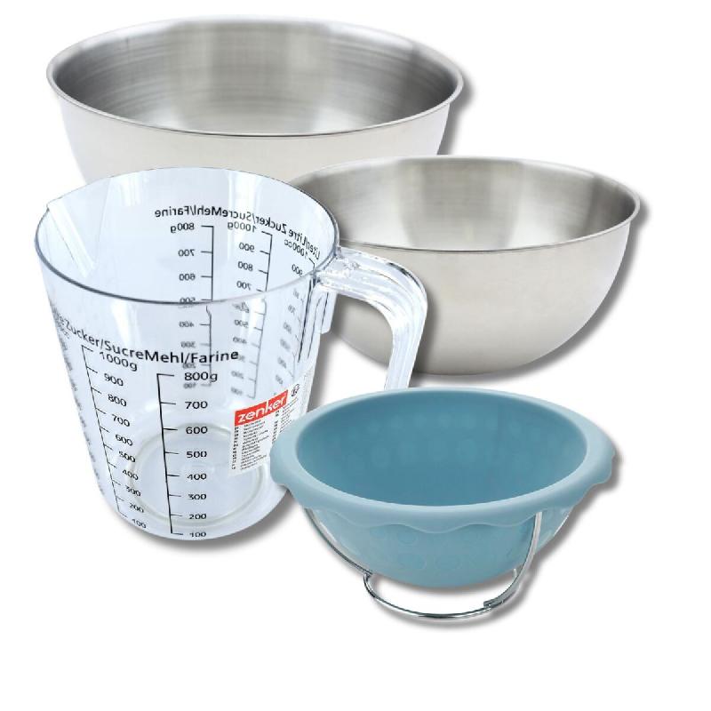 Set pâtisserie avec moule demi-sphère pour gâteau créatif, 2 bols à mixer, verre mesureur et spatule Zenker - bleu silicone 3176239937299_0