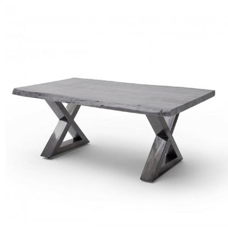 Table basse CLAREN - Plateau en acacia massif laqué gris 110 cm - Piétement X acier finition vintage_0