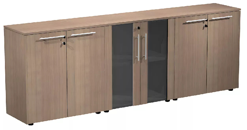 Armoire basse 4 portes mélaminé à serrure - 2 portes en verre fumé à serrure - 3 étagères - L. 243 x P. 43 x H. 81 cm So Flora - Noyer Naturel_0