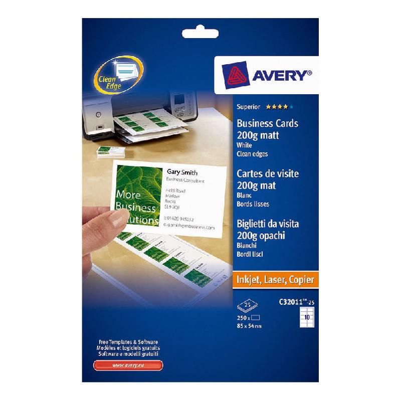 AVERY POCHETTE DE 250 CARTES DE VISITE QUICK & CLEAN DÉTACHABLES - FORMAT 85 X 54 MM (200 G/M2) - COULEUR BLANC