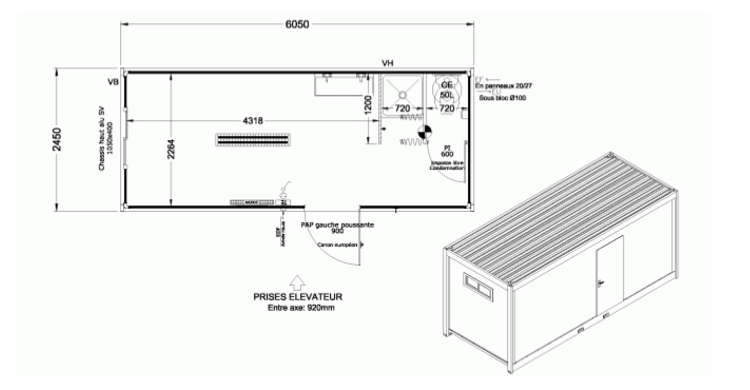 Bungalow de chantier cubo 61120 a / bureau / sanitaire / stockage / aménagé / ossature en métal / parois en panneau sandwich / 6.05 x 2.45 x 2.73 m_0