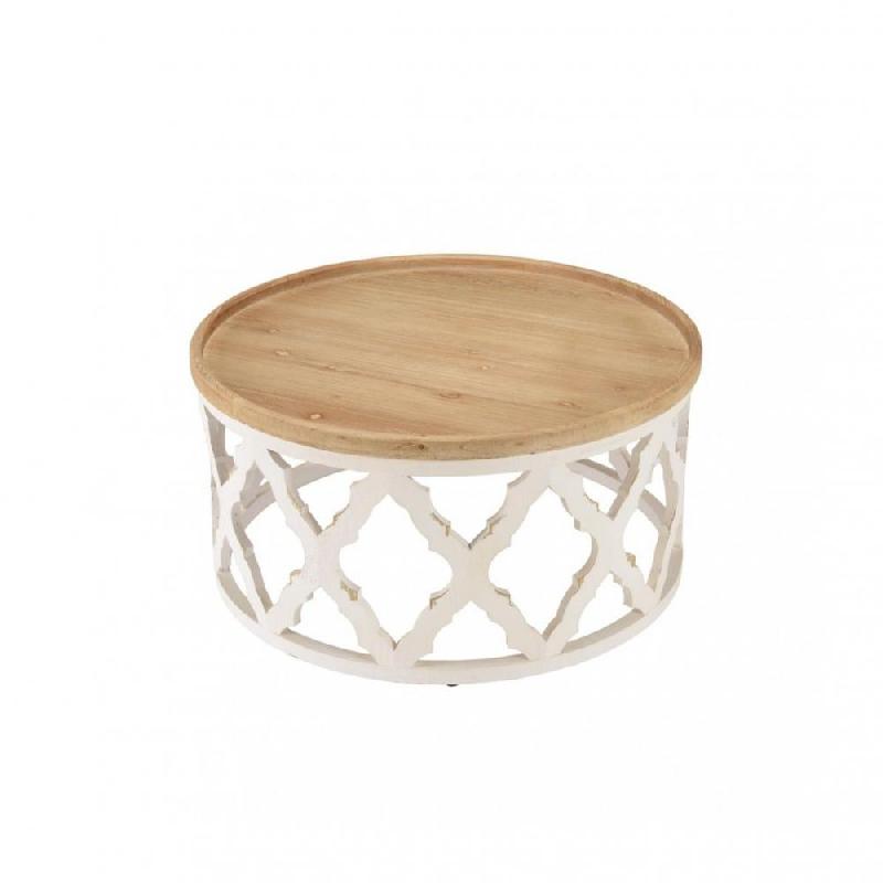 CORVIE  TABLE BASSE RONDE AVEC PLATEAU NATUREL ET PIÉTEMENT EN MÉTAL BLANC_0