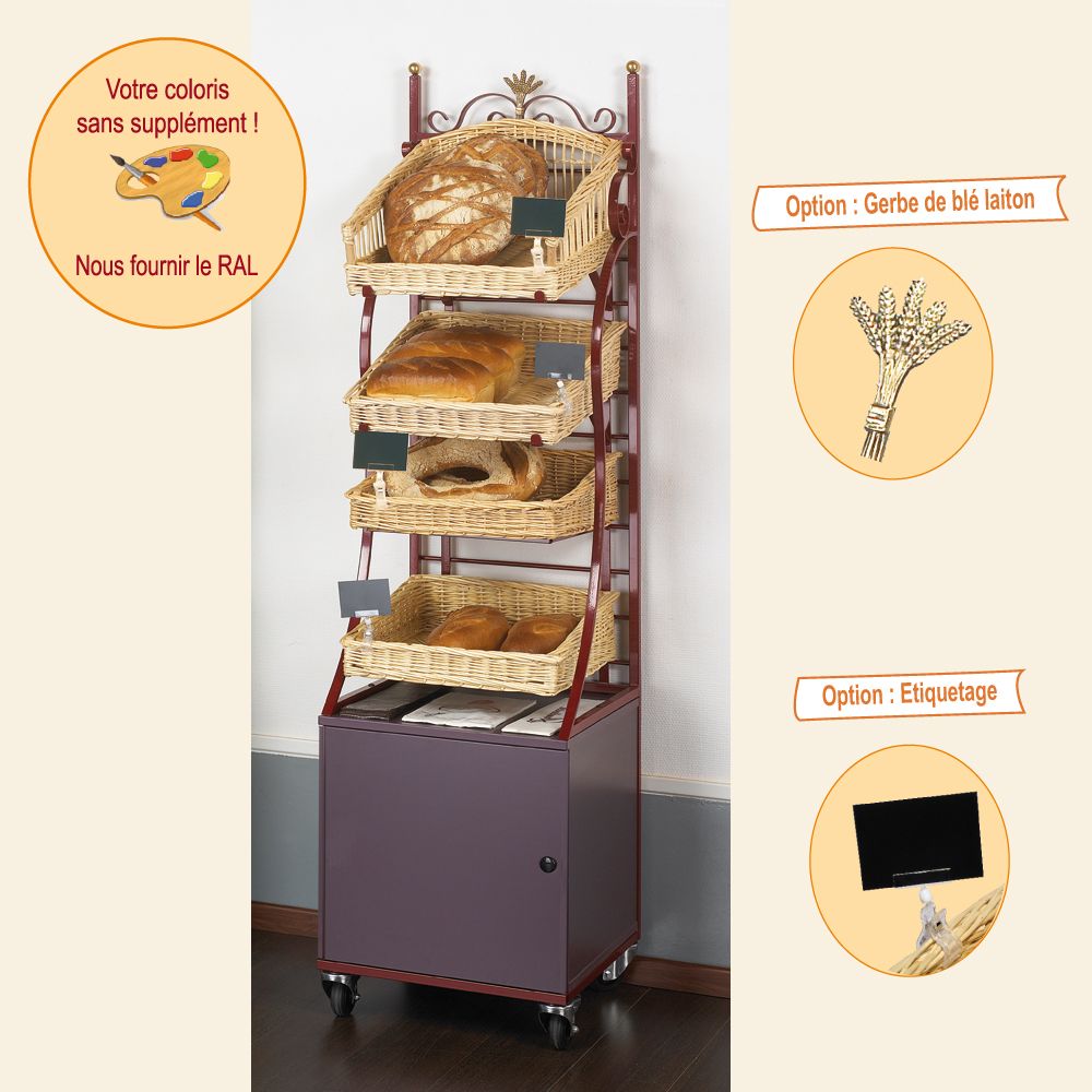 Étagère mobile modulable Boislette - 4 paniers pour pains spéciaux - osier blanc, métal peint époxy, mélaminé et laiton_0
