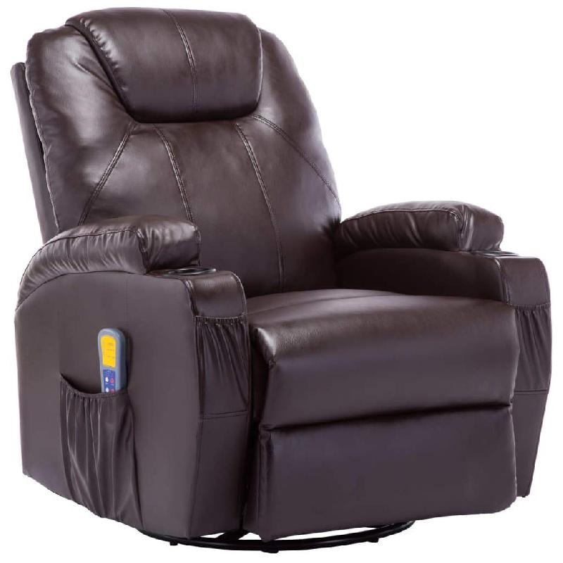 Fauteuil électrique à bascule de massage - Synthétique marron - Relaxation, chauffage, pivotant 360° avec télécommande_0