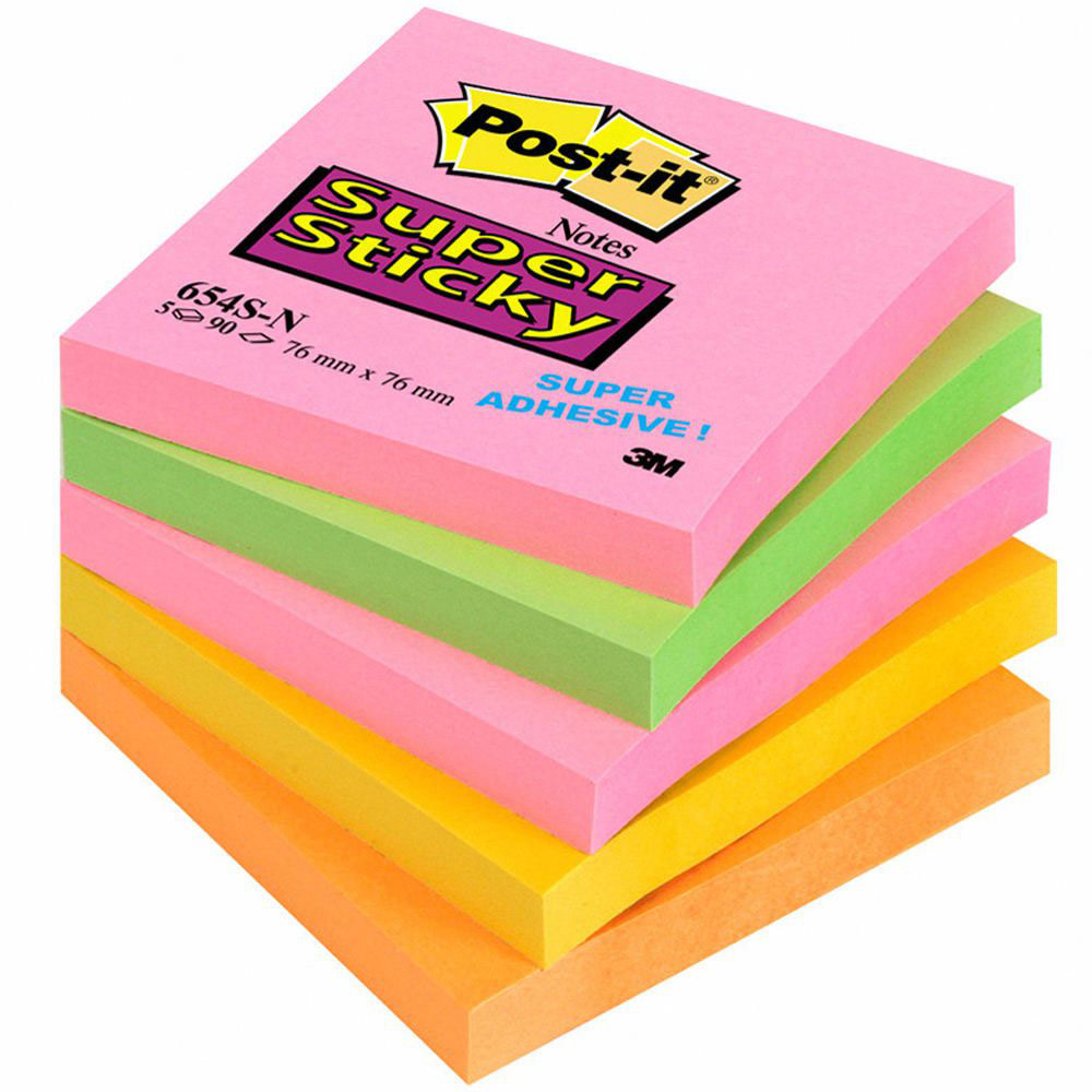 NOTES POST-IT SUPERSTICKY - 76 X 76 MM DE 90 FEUILLES - COLORIS NÉONS ASSORTIS - LOT DE 5