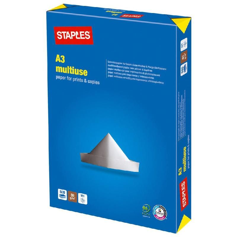 STAPLES PAPIER MULTIUSE - RAMETTE DE 500 FEUILLES - FORMAT A3 (80 G/M²) - COULEUR BLANC