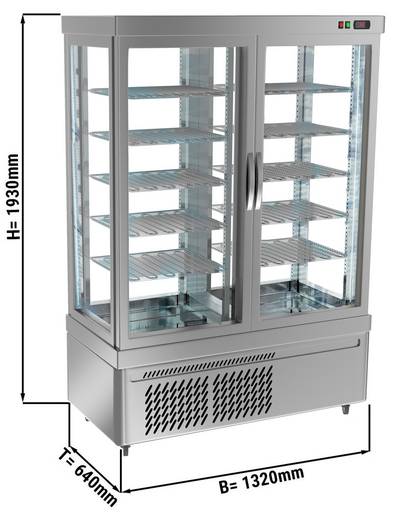 Vitrine réfrigérée positive à pâtisserie sur roulettes avec 4 côtés vitrés et 10 étagères - couleur argent_0
