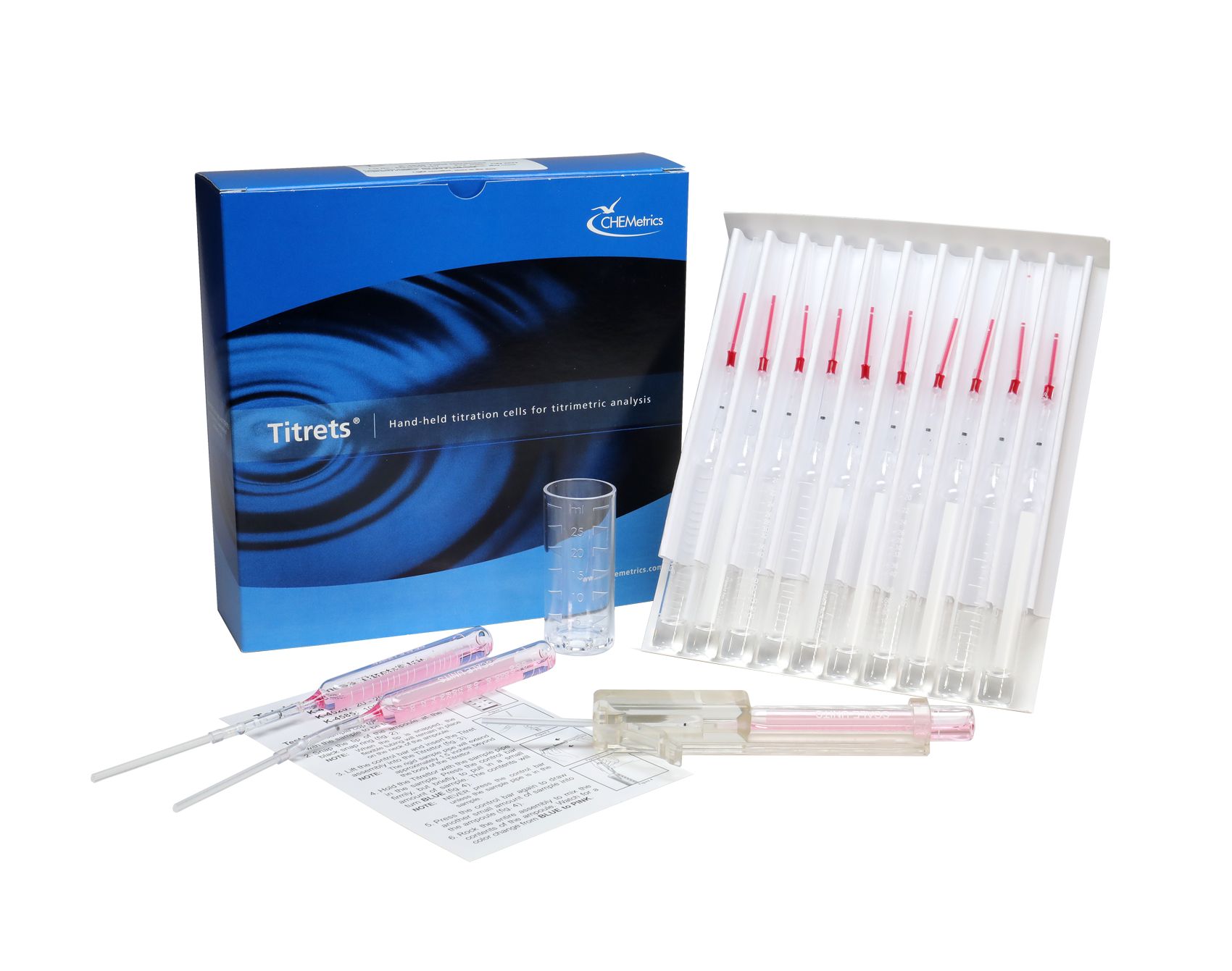 Kit d’analyse visuelle de la dureté en CaCO3 20-200 ppm, type : Titrets 30 ampoules, marque Chemetrics - Ref.: NDD002_0