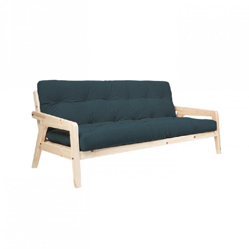 CANAPÉ CONVERTIBLE FUTON GRAB PIN NATUREL COLORIS BLEU COUCHAGE 130 CM._0