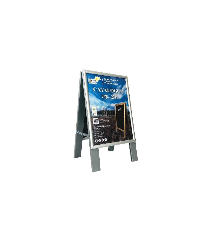 Chevalet stop trottoir en bois gris avec porte affiche alu format A2 - Dimensions 78 x 45 cm - Référence : LSTFA2G_0