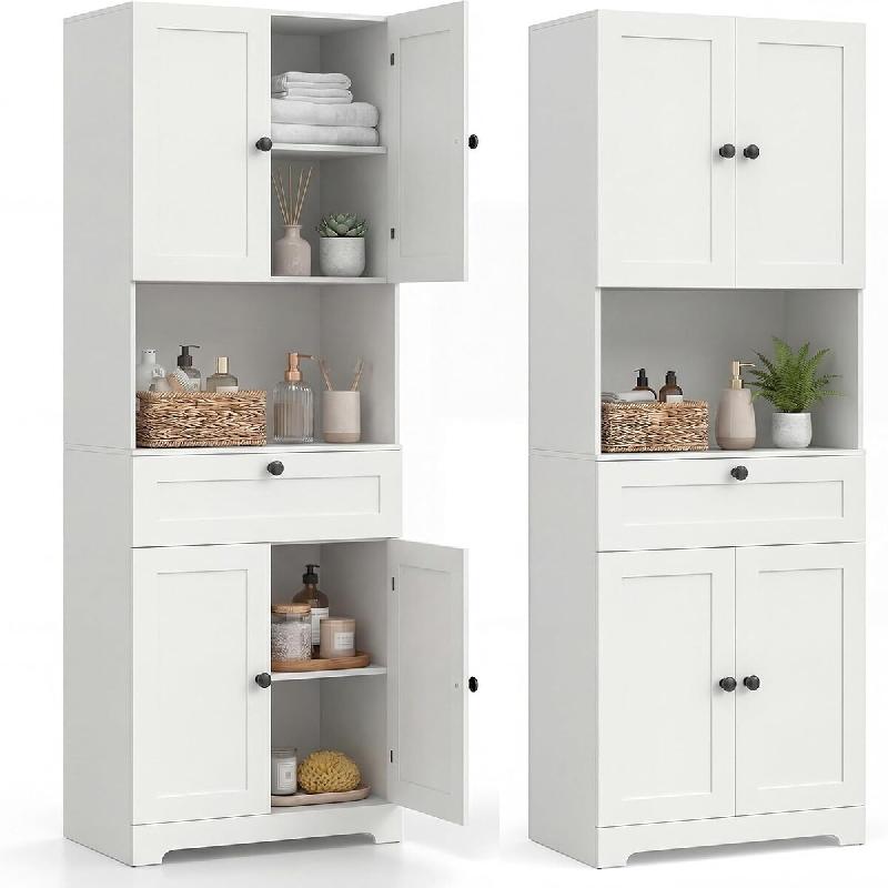 COSTWAY Meuble haut salle de bain, armoire 4 portes+1 tiroir, compartiment ouvert, étagère 3 niveaux, 60 x 35 x 171,5 cm, blanc - blanc Bois manufac_0