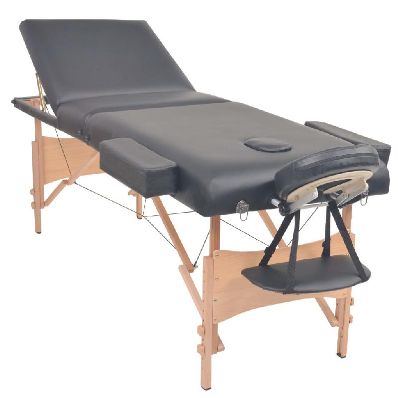 Table de massage pliable à 3 zones - 10 cm d'épaisseur - cadre en bois et revêtement en cuir synthétique - noir_0