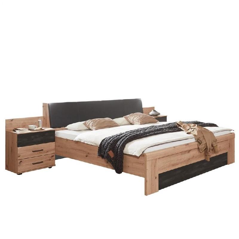 Lit design Burnaby 180 x 200 cm - Chêne artisan et tête en cuir synthétique avec chevets intégrés et coffre de rangement_0