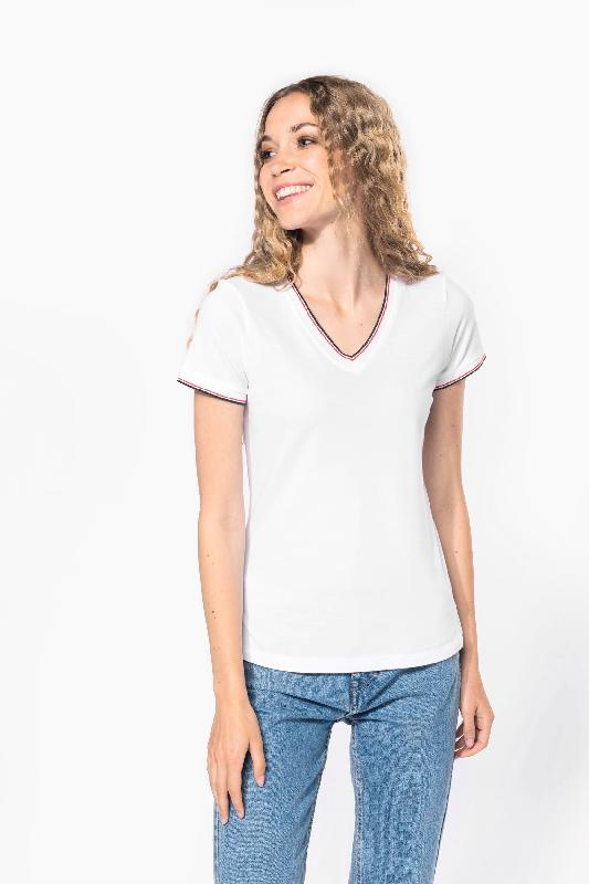 T-shirt femme en maille piquée col V - Réf : K394 - 100% coton peigné, finitions contrastées_0