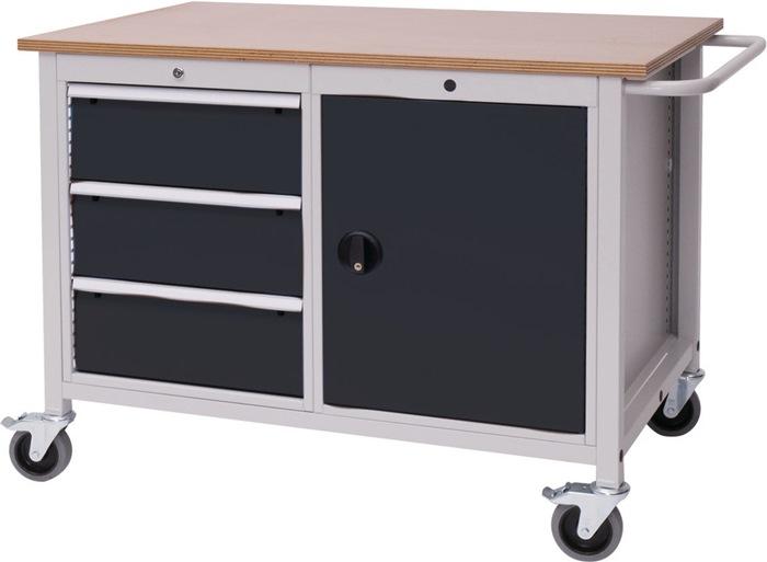 Établi avec rangement - l.1250xP750xH935 mm - plateau hêtre Multiplex - gris clair/gris anthracite - 3 tiroirs - 1 porte_0