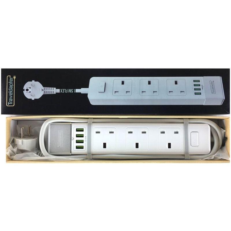 ADAPTATEUR DE VOYAGE CAPVERT RALLONGE ÉLECTRIQUE PRISE MULTIPLE 3 UK DOUILLES 4 USB À 2 BROCHES