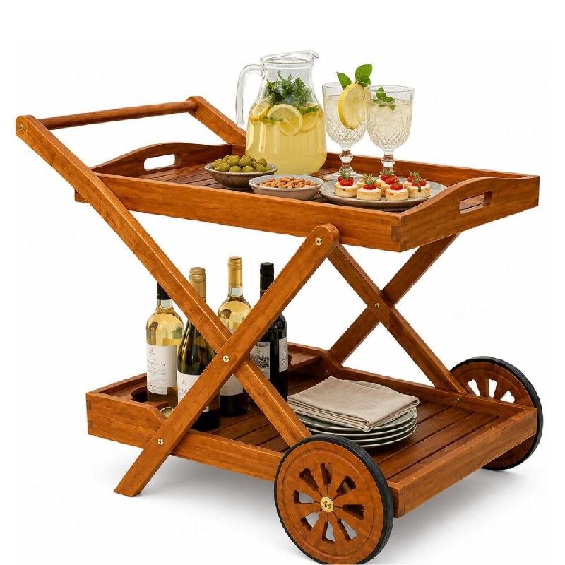 Chariot de service de jardin en bois d’acacia, 2 étagères, porte-bouteilles à 3 emplacements et 2 roues, pour piscine, bar, buffet - marron Bois_0