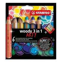 ETUI CARTON 6 CRAYONS COULEUR WOODY 3EN1 ARTY, MINE EXTRA LARGE 10 MM, ASSORTIS + 1 TAILLE-CRAYON - LOT DE 2