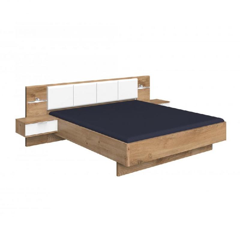 Lit VIRONI 180 x 200 cm - Chevets, étagère en verre avec éclairage LED - Chêne et blanc_0
