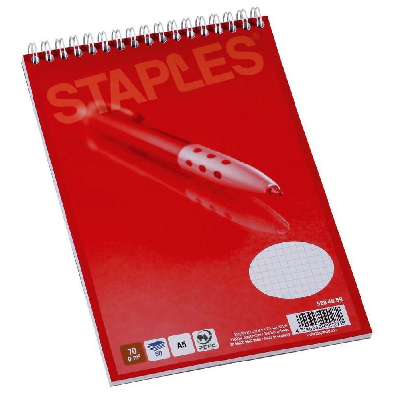 STAPLES BLOC-NOTES À SPIRALES DIRECTION - FORMAT A5 (70 G/M2) - 50 PAGES NON PERFORÉES À PETITS CARREAUX - COULEURS ASSORTIES (PRIX À L'UNITÉ)