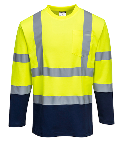 T-shirt coton confort bicolore à manches longues jaune marine S280 - taille M, bandes réfléchissantes et norme ISO 20471 classe 2_0