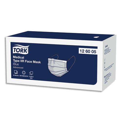 Tork - Boîte de 50 masques chirurgicaux jetables 3 plis type IIR bleu - Norme NF EN 14683 + AC : 2019_0