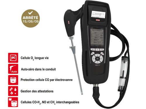 ANALYSEUR DE COMBUSTION POUR CHAUDIÈRES DOMESTIQUES, CO-H2, O2, TIRAGE, 2009-649 + NO