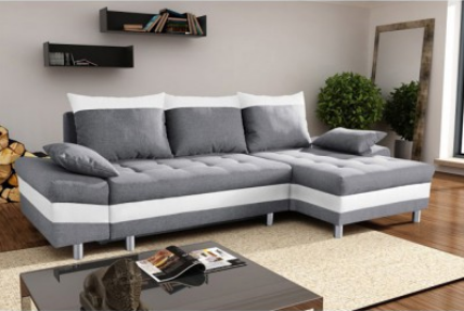 Canapé d'angle convertible 4 places - gris et blanc - avec 5 coussins inclus et pieds en métal chromé_0