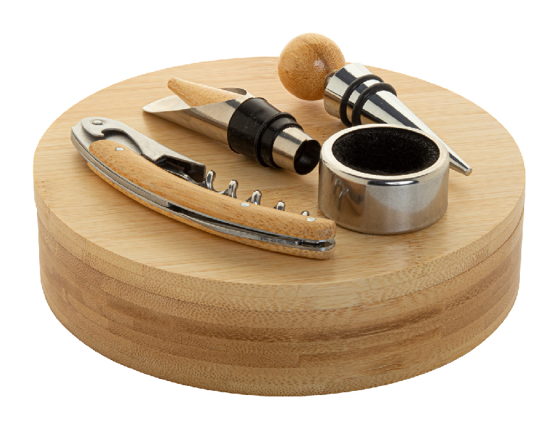 Set à vin - tire-bouchon, bouchon et embout en acier inoxydable avec boîte en bambou_0