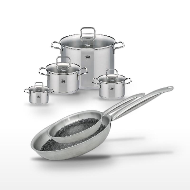 Batterie de cuisine avec 4 faitouts 12/16/20/26 cm et 2 poêles 24/28 cm en inox sans PFAS Elo Collection Relief Solution Citrin - gris 3176239940459_0
