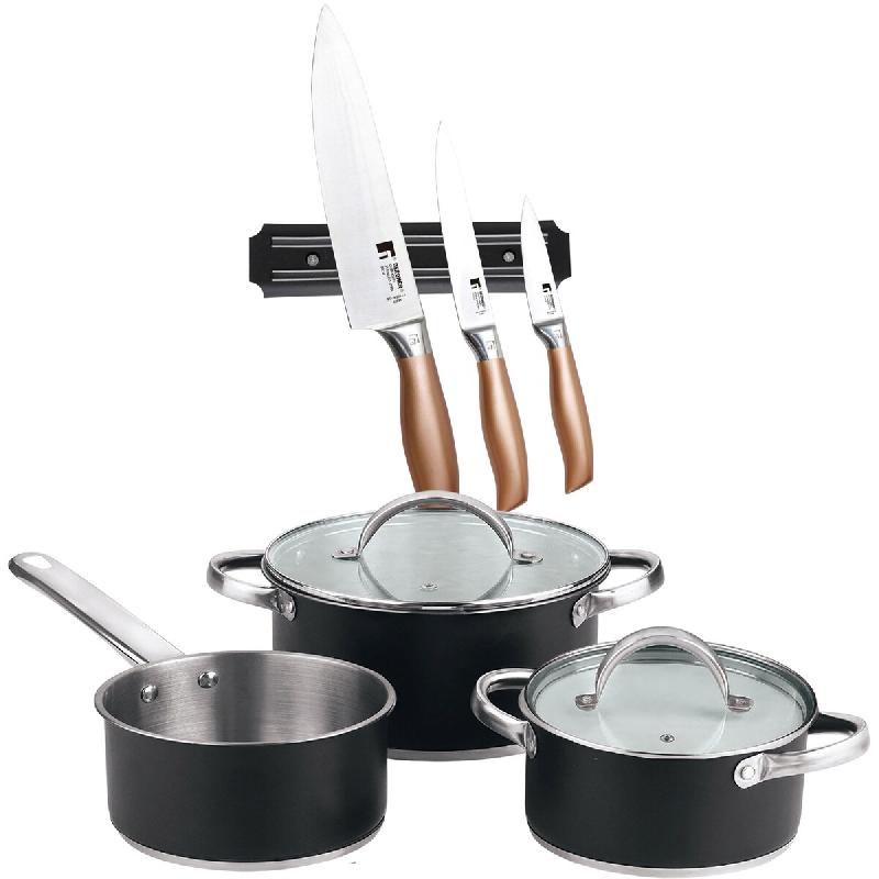 BERGNER - Batterie de cuisine 5 pcs 16/18/20cm compatible induction avec jeu de 3 couteaux avec support magnétique mural en acier inoxydable - multi-_0