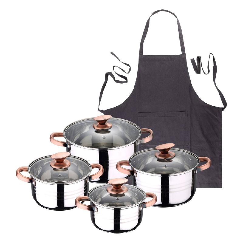 BERGNER - Batterie de cuisine NONA 8 pcs 16/18/20/24cm en acier inoxydable compatible induction avec tablier de cuisine gris foncé 100% coton 75x80cm_0