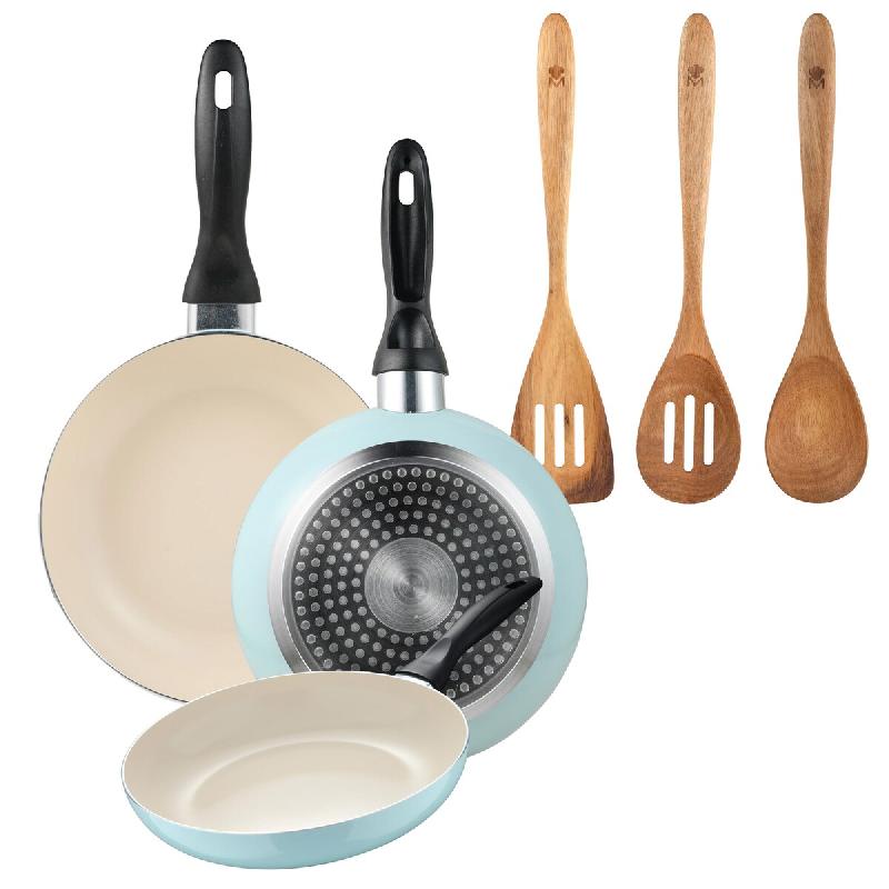BERGNER - Jeu de 3 Poêles Ø16/Ø20/Ø24 cm Aluminium Pressé Bleu Ciel avec Set 3pcs Ustensiles de Cuisine 32,8x33x7x1,4 cm Xmart - PK9395_0