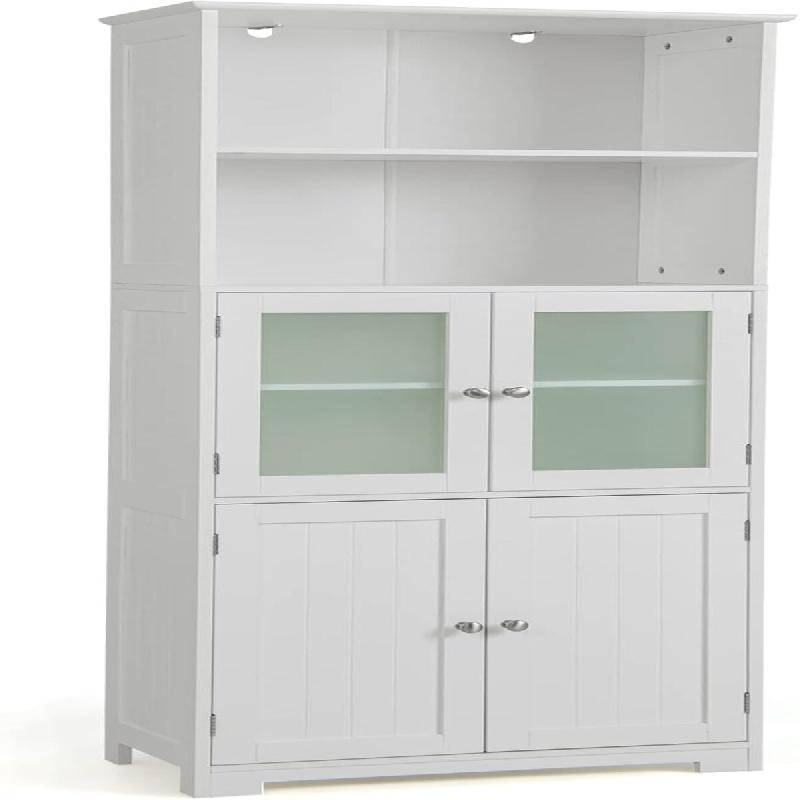 COSTWAY Meuble haut blanc salle de bain portes vitrées, 2 compartiments ouverts et étagères réglables, rangement salle de bain, cuisine, salon - b_0