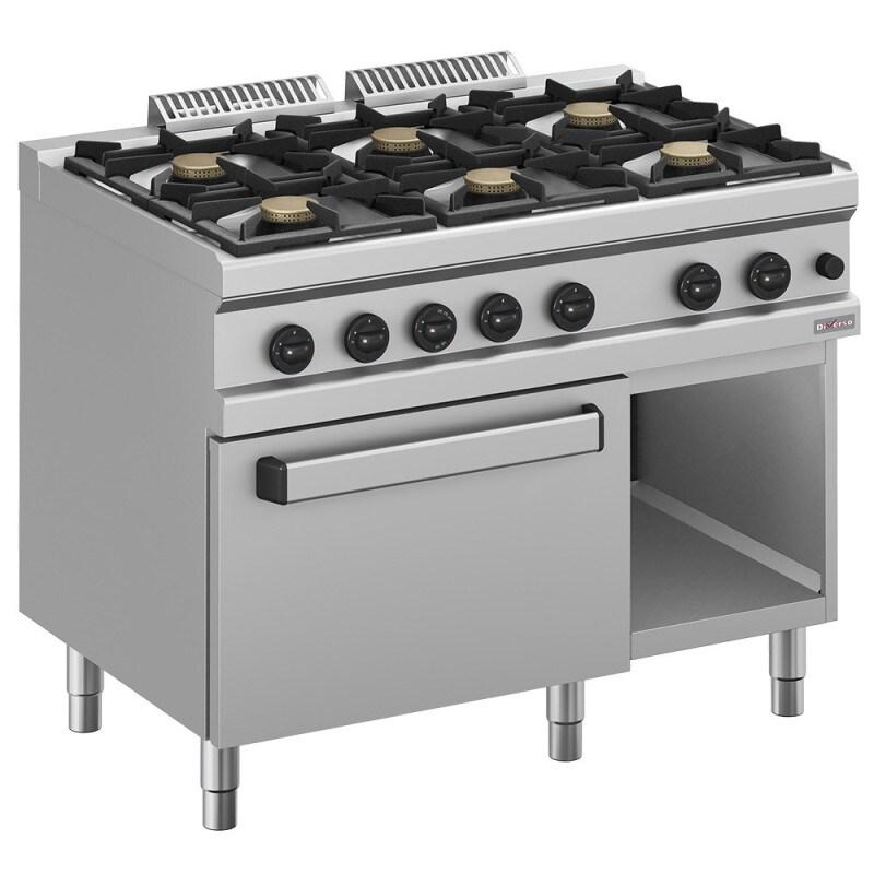 Fourneau gaz 6 feux vifs, sur four gaz GN 2/1 et armoire - Diverso - 0615402759755_0