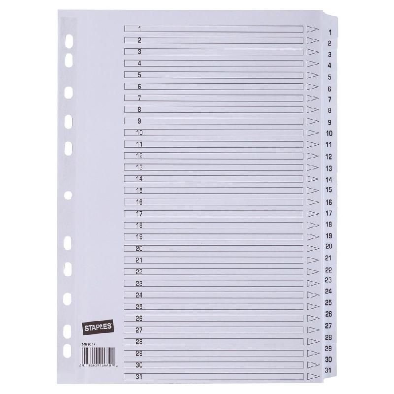 STAPLES INTERCALAIRES STAPLES - BRISTOL - BLANC - A4 - 31 TOUCHES - NUMÉRIQUES (PRIX À L'UNITÉ)