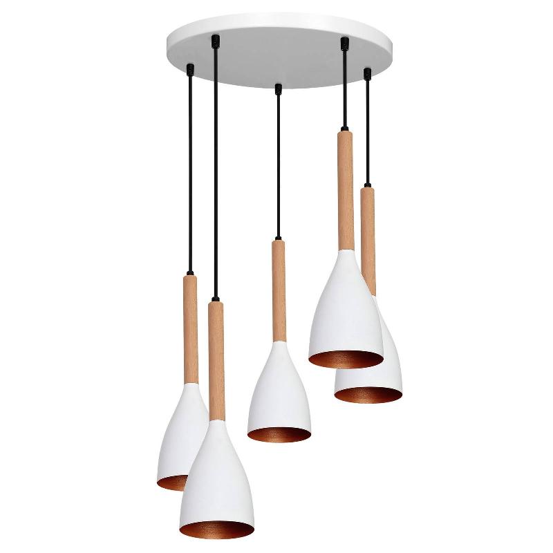 EULUNA SUSPENSION MUZA 5 LAMPES RONDE BLANC/OR/BOIS CLAIR