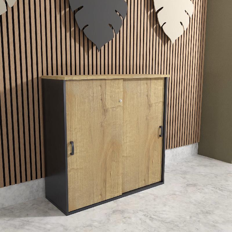 Armoire mi-haute à portes coulissantes - Mobel Linea - 100, Gris anthracite, Chêne veiné_0