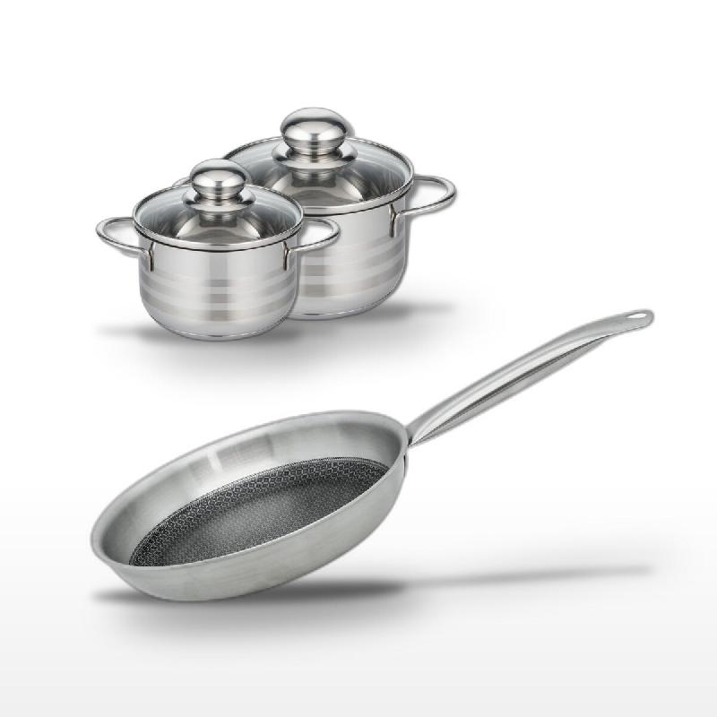 Batterie de cuisine avec 1 poêle de cuisson 28 cm et 2 faitouts 12/14 cm en inox sans PFAS Elo Collection Relief Solution Brillant - gris 31762399410_0
