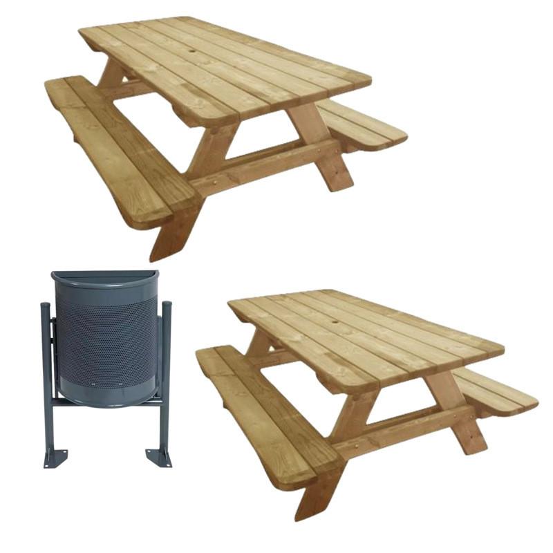 Lot de 2 tables pique-nique en bois à dégagement latéral + 1 corbeille demi-ronde en acier offerte_0