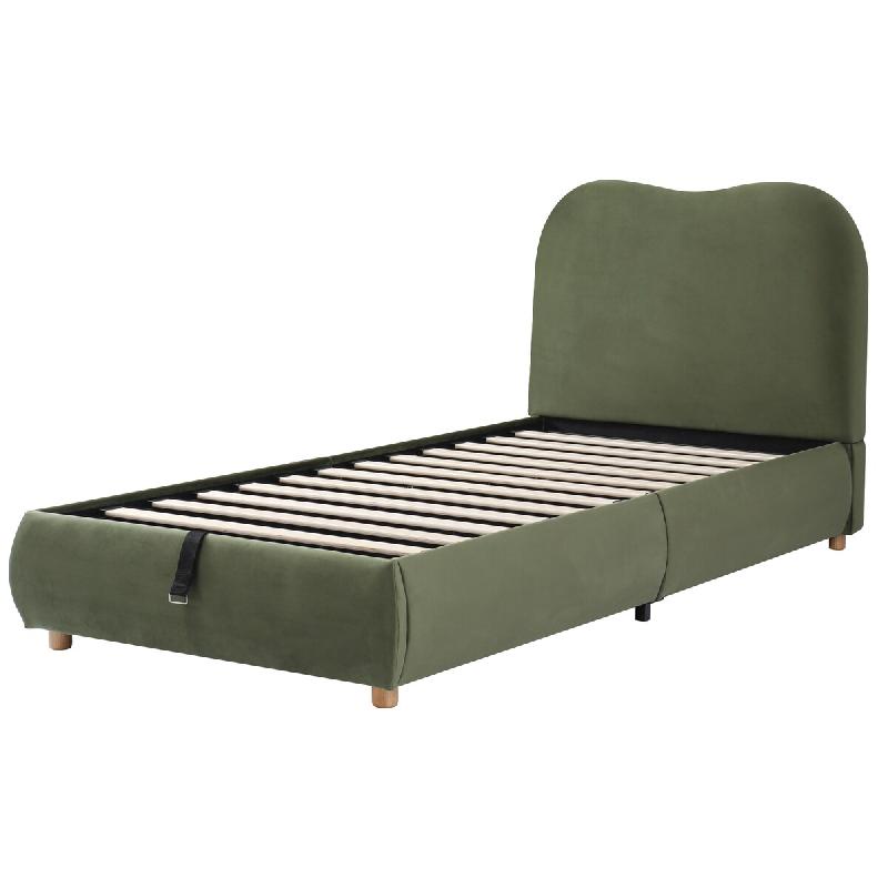 Merax Lit rembourré 90 x 200 cm avec rangement hydraulique, sommier à lattes et tête de lit rembourrée, revêtement en velours vert - vert multi-m_0