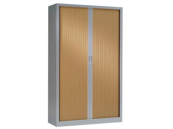 Armoire haute à rideaux bois - 1000 x 430 x 1980 mm - Gris aluminium et hêtre - 4 étagères - Charge 110 kg par étagère_0