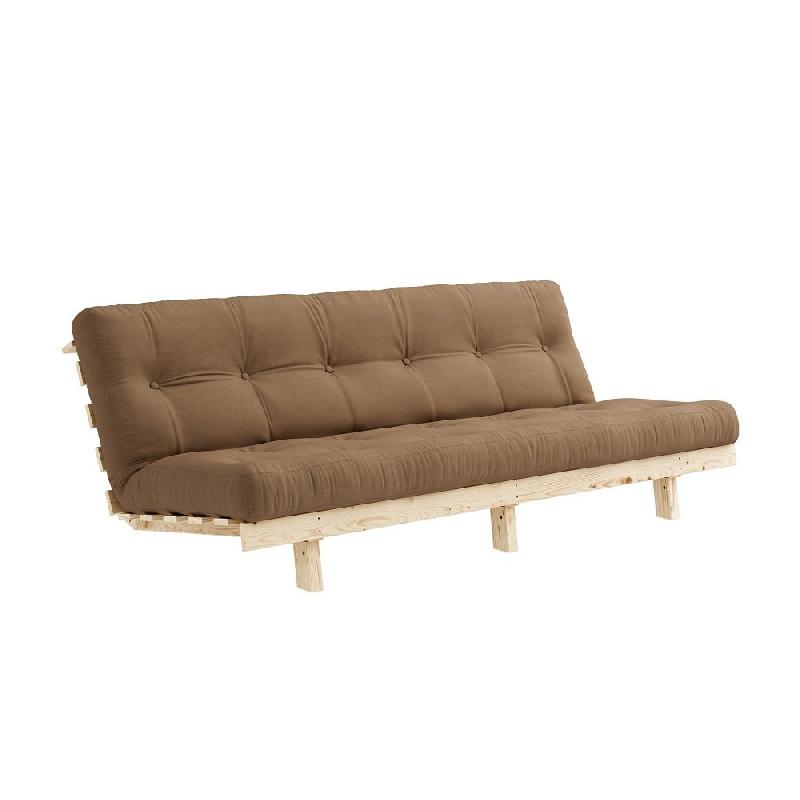 BANQUETTE CONVERTIBLE FUTON LEAN PIN COLORIS MOCCA COUCHAGE 130*190 CM._0