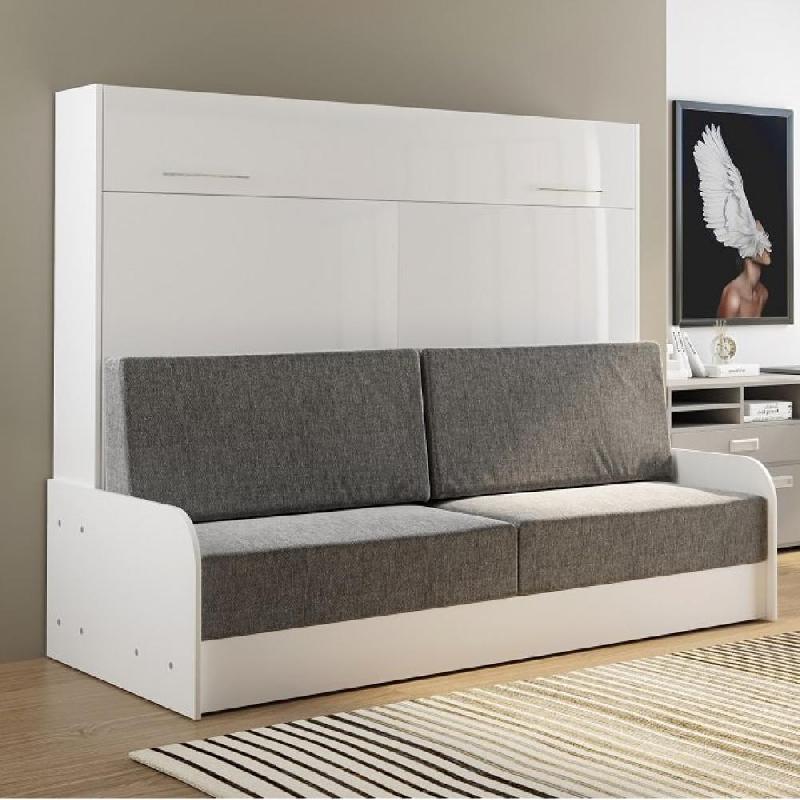 ARMOIRE LIT ESCAMOTABLE VERTIGO SOFA ACCOUDOIRS FAÇADE BLANC BRILLANT CANAPÉ GRIS CLAIR 160*200 CM_0