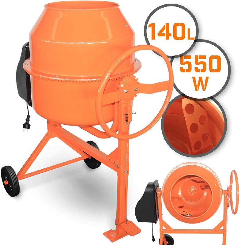 Bétonnière électrique capacité 140 litres 550 watts avec roues en acier bétonnière portable pour ciment béton mortier plâtre chape orange et noir 01_0001117