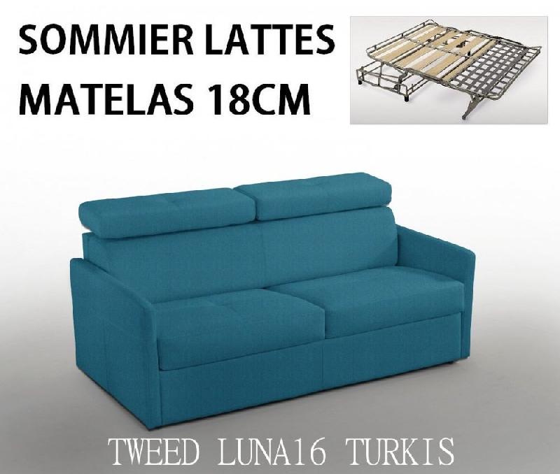 CANAPÉ 3-4 PLACES MONTMARTRE 160CM MATELAS 18CM SOMMIER LATTES RENATONISI TWEED BLEU_0