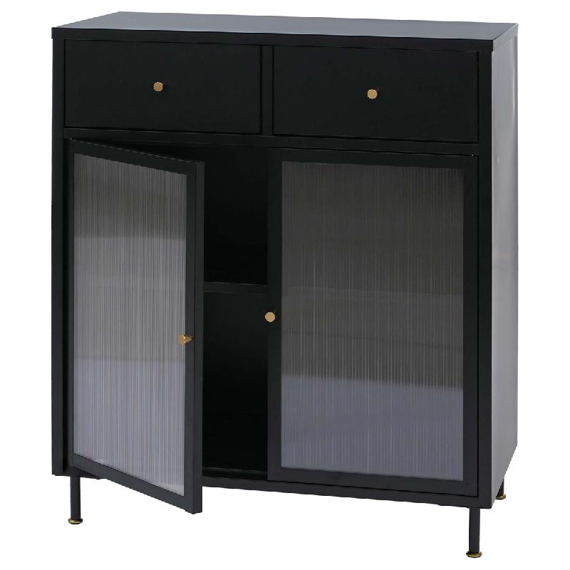 Décoshop26 - Commode industrielle en métal noir avec portes en verre strié 2 tiroirs et étagère réglable 96x80x40 cm 04_0008874 - noir métal 30_0