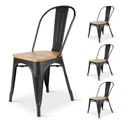 Chaise noire en métal Noir Mat et Assise en Bois Clair - Style Industriel x4 Kosmi - noir métal 3760301690511_0